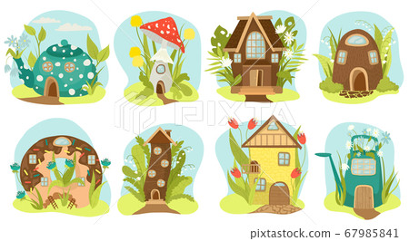 Fantasy houses set, fairy-tale houses isolated vector illustrations. Fairy treehouse and magic housing village, kids fairytale playhouse. Fantasy houses set, fairy-tale houses isolated vector illustrations. Fairy treehouse and magic housing village, kids fairytale playhouse. 67985841