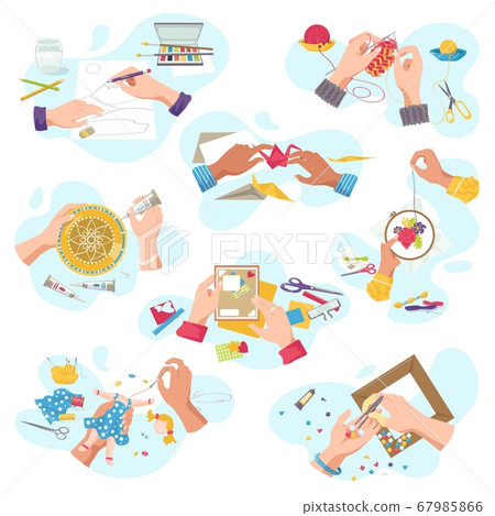 Art craft workshop for creative hobby, top view hands creating artistic handycrafts, isolated on white vector illustrations set. Art craft workshop for creative hobby, top view hands creating artistic handycrafts, isolated on white vector illustrations set. 67985866