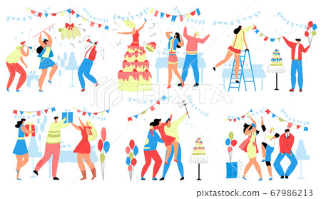 Happy people in birthday party vector illustration set, cartoon flat man woman characters celebrate birthdate together isolated on white Happy people in birthday party vector illustration set, cartoon flat man woman characters celebrate birthdate together isolated on white 67986213
