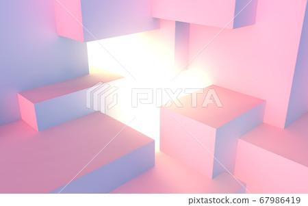 Abstract architectural vaporwave background with cube construction in pink and blue lights stage and light beam inside 67986419