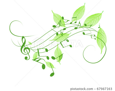 Image of spring with fresh green leaves on the notation on a white background 67987163