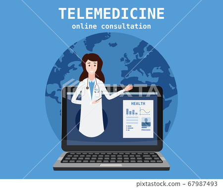 Telemedicine laptop concept characters doctor consultation diagnosis by internet. Online doctor service. Vector illustration isolated Telemedicine laptop concept characters doctor consultation diagnosis by internet. Online doctor service. Vector illustration isolated 67987493