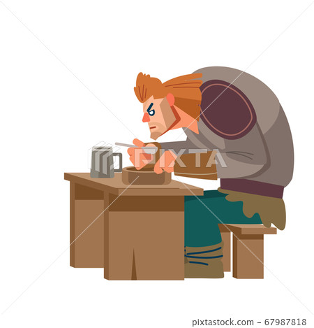 Viking character. Warrior eating and drinking and thinks about the war with the dead. Medieval norwegian warrior. Military people vector cartoon mascot. Flat style. 67987818