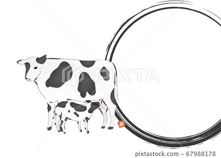 Illustration of a brush-written cow for the year 2021: New Year's card postcard template Illustration of a brush-written cow for the year 2021: New Year's card postcard template 67988178