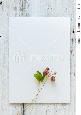 blank sign on the table - beautiful background with space for text. Forest strawberries as decor 67989104