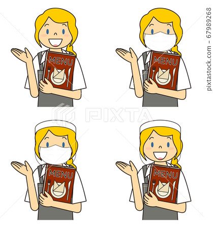 Young female shop assistant in restaurant mask face shield set illustration Young female shop assistant in restaurant mask face shield set illustration 67989268