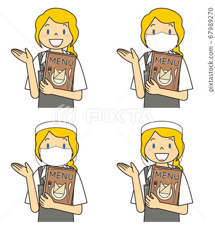 Young female shop assistant in restaurant mask face shield set illustration Young female shop assistant in restaurant mask face shield set illustration 67989270