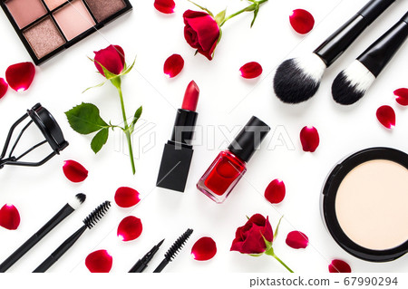Cosmetic red rose and cosmetics white background Cosmetic red rose and cosmetics white background 67990294