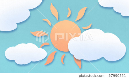 Three-dimensional cute illustration of the sun hidden behind clouds, weather, sunny, paper cut background decoration, colored drawing paper 67990531
