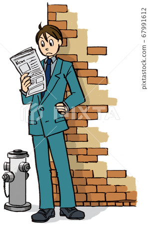 Illustration hand-painted business men suit street newspaper browsing 67991612