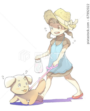 Illustration of a girl walking with a dog on a summer day Illustration of a girl walking with a dog on a summer day 67992022