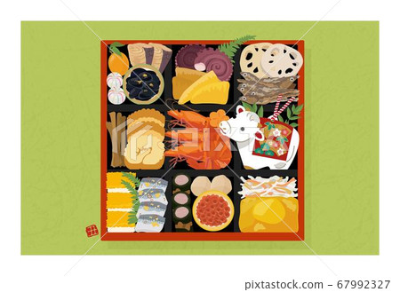 2021 New Year's card ox year Tochi bell beef figurine and osechi illustration 2021 New Year's card ox year Tochi bell beef figurine and osechi illustration 67992327