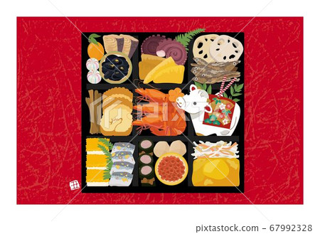2021 New Year's card ox year Tochi bell beef figurine and osechi illustration 2021 New Year's card ox year Tochi bell beef figurine and osechi illustration 67992328