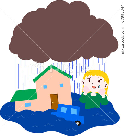 Flood inundation damage river flooded woman crying abnormal weather 67993344