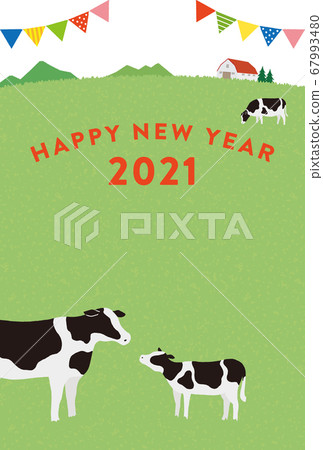 2021新年賀卡，牛年，牧場奶牛，垂直文本2 67993480
