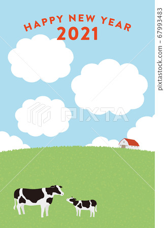 2021年新年賀卡馬年牛農場牛相框垂直文字 67993483