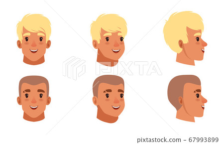 Male Heads Set, Smiling Caucasian Young Men Characters, Frontal, Profile, Three Quarter Turn View Cartoon Style Vector Illustration 67993899