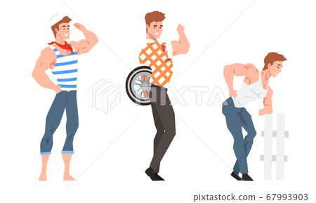 Stylish Handsome Men Set, Sexy Muscular Guys Posing in Fashion Clothes Cartoon Style Vector Illustration 67993903