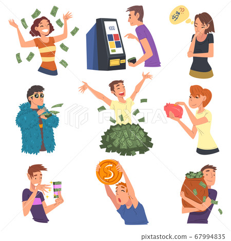 Successful Rich People Enjoying Their Wealth Set, Men and Women Carrying Moneybags, Throwing Banknotes, Standing under Money Rain Vector Illustration 67994835