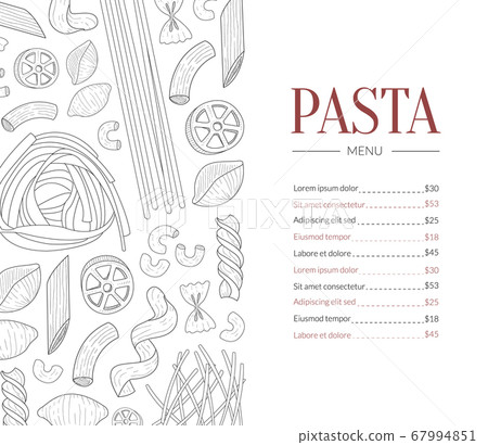 Pasta Menu Template, Traditional Italian Cuisine Dish Restaurant and Cafe Menu Hand Drawn Vector Illustration 67994851