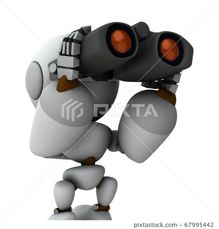 Foresight. An artificial intelligence robot looking through binoculars. 3D rendering. 67995442