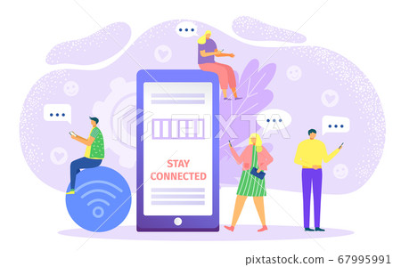 Character at mobile network social media, online person near smartphone vector illustration. Man woman with phone internet Character at mobile network social media, online person near smartphone vector illustration. Man woman with phone internet 67995991