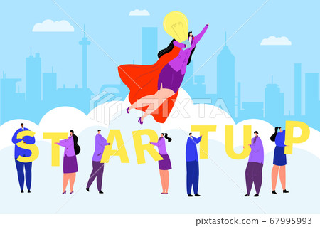 Business startup concept, man woman success work people vector illustration. Flat hero leader character with creative idea. 67995993