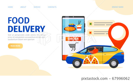 Delivery service app, online food order vector illustration. Logistic product shipping by car near large smartphone with internet. 67996062
