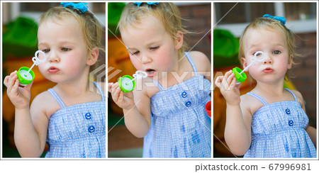 collage. little girl inflates soap bubbles. 67996981