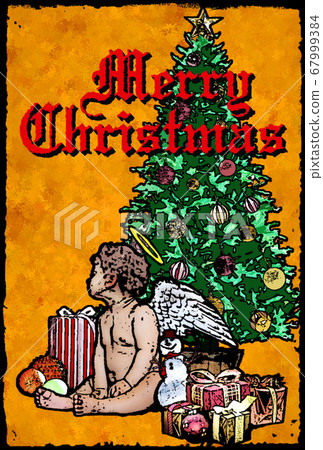 Xmas angel Christmas card yellow green Christmas tree present with letters Xmas angel Christmas card yellow green Christmas tree present with letters 67999384
