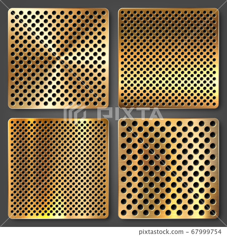 Realistic perforated brushed metal textures set. Polished stainless steel background. Vector 67999754