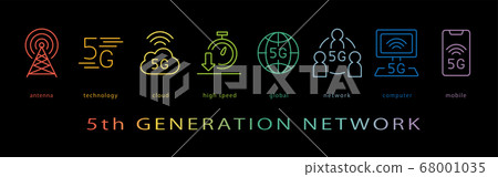 5G網絡霓虹色線圖標 5G網絡霓虹色線圖標 68001035