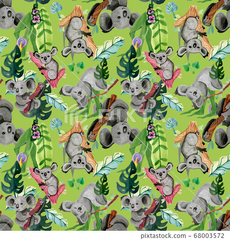 Koalas and tropical leaves green seamless pattern with wildlife animals 68003572