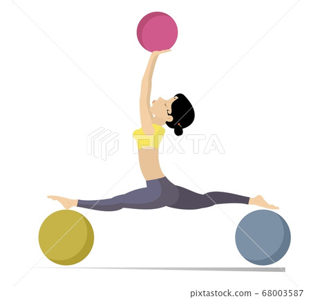Young woman does exercises with the balls illustration. Young woman with lithe figure doing sport exercise with the balls isolated on white 68003587