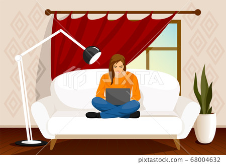 Girl works on a laptop . Freelance, remote work, job, workplace 68004632