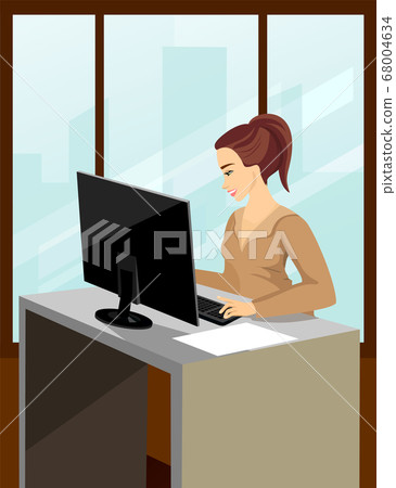 Office worker or freelancer. Woman is sitting at the desk and working on the laptop Office worker or freelancer. Woman is sitting at the desk and working on the laptop 68004634