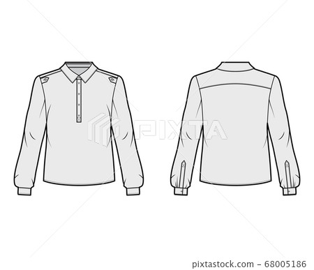 Henley shirt technical fashion illustration with buttoned placket, shoulder epaulettes, classic military style Henley shirt technical fashion illustration with buttoned placket, shoulder epaulettes, classic military style 68005186