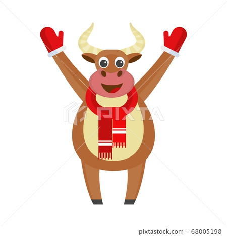 Cute, cheerful bull in a knitted scarf, mittens. 68005198