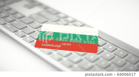 Plastic bank card depicting flag of Bulgaria on computer keyboard. Fictional numbers Plastic bank card depicting flag of Bulgaria on computer keyboard. Fictional numbers 68006017