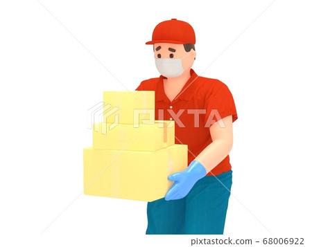3D delivery man in protection mask with boxes 68006922