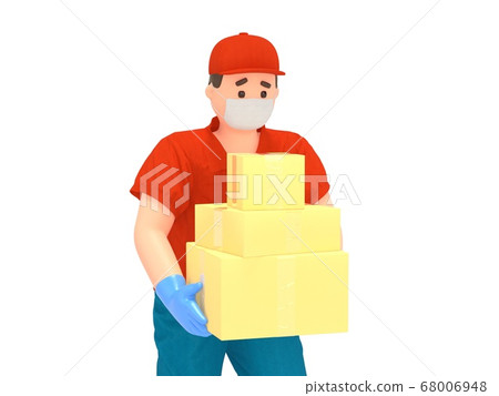 3D delivery man in protection mask with boxes 68006948