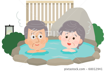 一對老年夫婦，溫泉戶外浴有背景的插圖 68012941