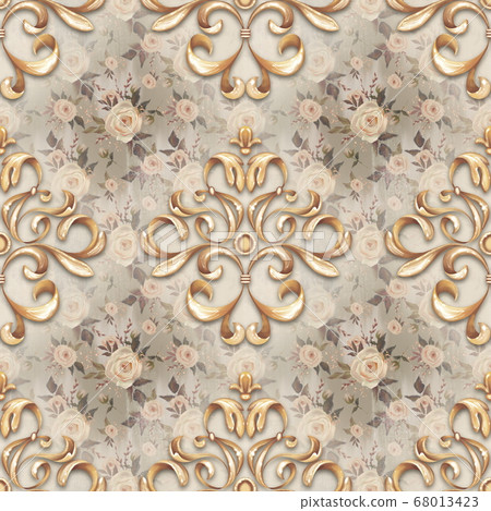 Seamless pattern with decorative gold scrolls and flowers 68013423