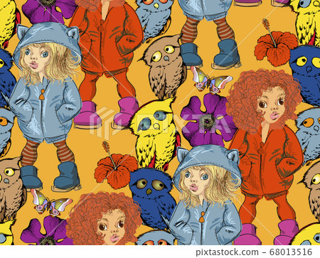 Cute owls and girls. Seamless pattern. Vector illustration. Suitable for fabric, wrapping paper, digital paper, wall paper and the like Cute owls and girls. Seamless pattern. Vector illustration. Suitable for fabric, wrapping paper, digital paper, wall paper and the like 68013516
