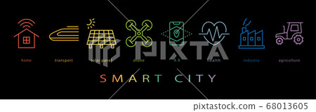 智能城市霓虹色線圖標 68013605