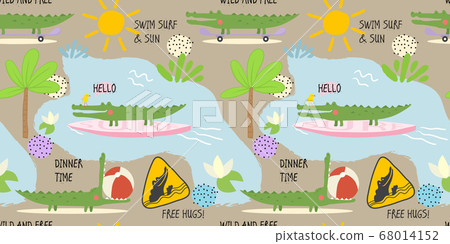 seamless pattern with funny crocodiles and summer 68014152
