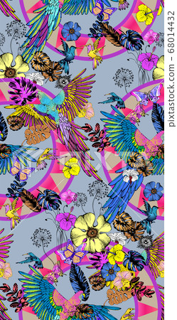 Seamless pattern of parrots and flowers. Suitable for fabric,   mural, wrapping paper and the like. Vector illustration 68014432