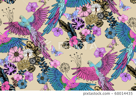 Seamless pattern of parrots and flowers. Suitable for fabric,   mural, wrapping paper and the like. Vector illustration 68014435