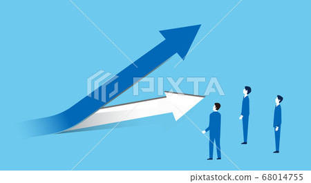 商務人士抬頭看著上升的箭頭，矢量圖，藍色背景 68014755