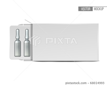 Transparent glass medical ampoules in white package. Realistic 3d mock-up  68014993